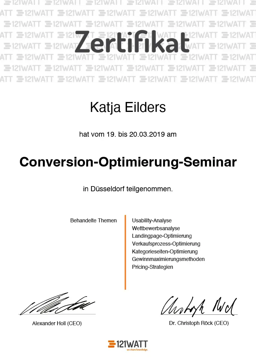 Zertifikat Conversion Optimierung 121 Watt Katja Eilders